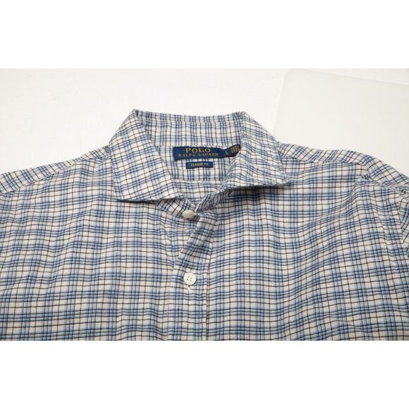 Polo Ralph Lauren Shirt Men Large White Blue Plaid Custom Fit Flannel - Picture 4 of 9